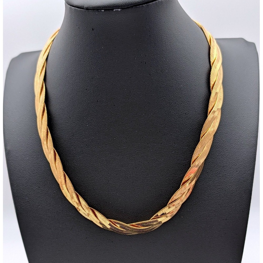 Avon Vintage Gold Tone Braided Herringbone Necklace Triple Strand OS Signed